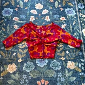 Bright Floral Front Ruching Stretch Crop Top in Red, Purple & Orange Sz XXS